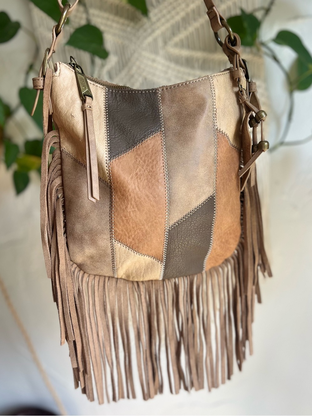 Jessica Simpson Boho Fringe Crossbody Bag Patchwork Western Brown Purse 9x9